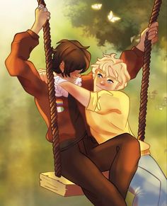 two people are sitting on swings in the woods, one is holding onto the other