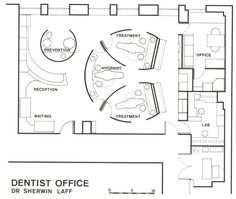 the floor plan for a dental office with two desks and one sitting area,