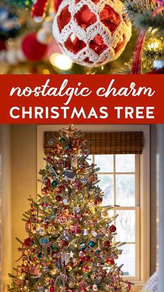 a christmas tree with red and gold ornaments on it in front of a window that reads, nostalgic charm christmas tree