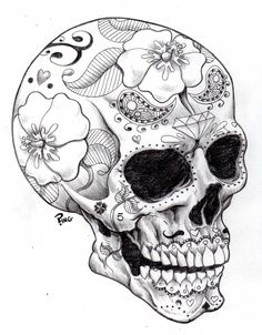 a drawing of a skull with flowers on it