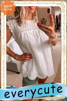 White Sleeveless Eyelet Tank Top Chic Non-stretch Sleeveless Blouse, Chic Sleeveless Non-stretch Blouse, Non-stretch Sleeveless Blouse, Sleeveless Blouse For Spring Day Out, Sleeveless Casual Blouse For Brunch, Casual Sleeveless Blouse For Brunch, Sleeveless Summer Blouse For Brunch, Sleeveless Summer Brunch Blouse, Tank Top Women