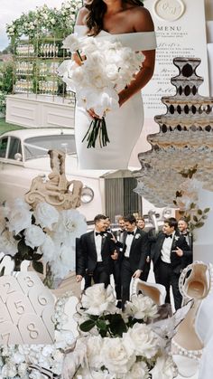 the bride and groom are posing in front of their wedding cake with white flowers on it