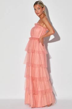 Sexy Maxi Dresses | Shop for a Long Dress or Black Maxi Dresses Wedding Dress Top Styles, Coral Long Dress, Coral Dresses, Coral Pink Dress, Church Fits, Swiss Dot Dress, Pink Cocktail Dress, Lingerie Boutique, Strapless Neckline