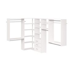 an open white closet with shelves and drawers