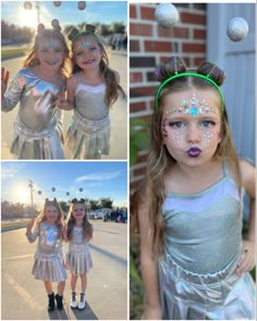 Girls Alien Costume Kids, Girls Alien Costume Diy, Alien Family Costume Ideas, Alien Costume Hairstyles, Space Theme Dress Up, Alien Day Spirit Week, Kids Alien Costume Diy, Space Spirit Day, Futuristic Costume Diy