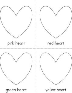 four different heart shapes with the words red, green and yellow in each one's letters