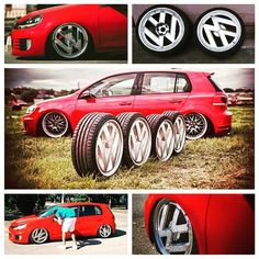 four different views of a red car with wheels and rims on the front, side, and back