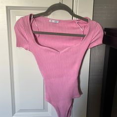 Never Worn- No Tag Though Pink Size Small Super Cute Zara Stretch Bodysuit For Spring, Zara Casual Fitted Bodysuit, Zara Fitted Casual Bodysuit, Trendy Fitted Zara Bodysuit, Trendy Zara Bodysuit For Spring, Fitted Pink V-neck Bodysuit, Zara Bodysuit, Zara Tops, Super Cute