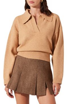 This woolly sweater is updated in a modern cropped silhouette and topped with a polished collar. Spread collar Long sleeves Ribbed cuffs and hem 57% polyester, 22% acrylic, 12% nylon, 6% wool, 3% elastane Dry clean Imported Trendy Collared Polo Sweater For Fall, Trendy Fall Polo Sweater With Ribbed Cuffs, Trendy Polo Sweater With Ribbed Cuffs For Fall, Chic Collared Fall Sweater, Collared Polo Sweater For Fall, Chic Collared Sweater For Fall, Chic Fall Collared Polo Sweater, Chic Collared Polo Sweater For Winter, Trendy Collared Workwear Sweater