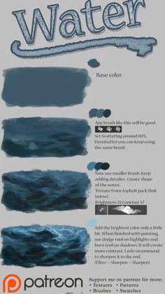 the different types of water that you can see in this graphic style, and how they are