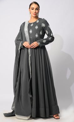 Foil and Zari Embroidered Grey Anarkali Festive Full-length Embroidered Dupatta, Embroidered Semi-stitched Floor-length Churidar, Embroidered Floor-length Churidar For Eid, Floor-length Embroidered Salwar Kameez For Diwali, Floor-length Embroidered Anarkali Set, Semi-stitched Floor-length Embroidered Anarkali Set, Anarkali Floor-length Churidar With Intricate Embroidery, Floor-length Anarkali Set With Intricate Embroidery For Festivals, Diwali Floor-length Anarkali Set With Intricate Embroidery