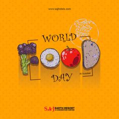 an image of the word world day written in different languages with food items on it