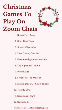 the christmas games to play on zoom chats is shown in red and green with holly wreath