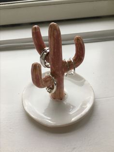 a small cactus on a white plate with two rings around it's neck, sitting on a window sill