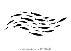 a school of fish swimming together in the ocean, silhouetted against a white background