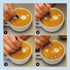 four pictures showing how to make a pumpkin soup with cream in a white bowl and spoon