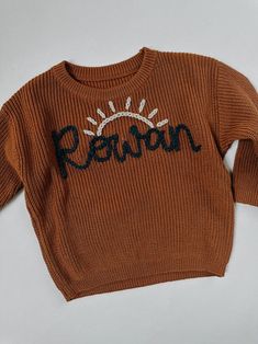 CINNAMON Name Sweater // Personalized Baby Toddler Name Sweater // Custom Embroidered Sweater - Etsy Oversized Winter Sweater With Letter Embroidery, Oversized Winter Sweater With Embroidered Logo, Oversized Fall Sweater With Letter Embroidery, Oversized Letter Embroidery Sweater For Fall, Oversized Fall Sweater With Embroidered Logo, Oversized Sweater With Embroidered Logo For Fall, Oversized Winter Sweater With Embroidered Text, Fall Crew Neck Sweater With Custom Embroidery, Fall Crew Neck Sweater With Letter Embroidery