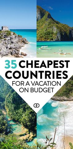 the beach with text overlay that reads 35 cheapest countries for a vacation on budget