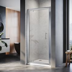 a walk in shower sitting next to a window with a potted plant on the side