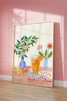 a painting on a pink wall with flowers in vases