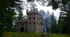 an old castle like building in the woods