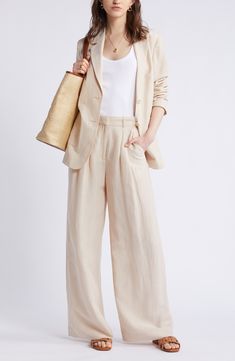 Add casual polish in linen-kissed pants tailored with neat pleats and flowy wide legs for a touch of comfort. Zip fly with hook-and-bar closure 45% cupro, 28% linen, 27% lyocell Machine wash, line dry Imported Wide Leg Pants Linen, Spring Linen Wide Leg Pants, Elegant Flax Pants For Spring, Elegant Flax Colored Pants For Spring, Elegant Flax-colored Spring Pants, Summer Workwear Pants In Flax Color, Summer Workwear Pants In Flax, Chic Linen Pants For Spring, Spring Linen Wide Leg Ankle-length Pants