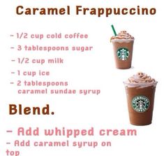 two cups of coffee with whipped cream and caramel frappuccino on top