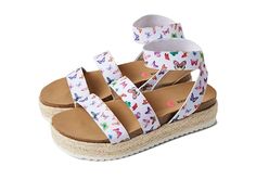 Steve Madden Kids Kimmie (Little Kid/Big Kid) - Girls Shoes : Butterfly : The Steve Madden Kids Kimmie espadrille sandals are perfect for complementing your warm weather wardrobe! The strappy, man-made upper stretches for comfortable wear with an open construction. Featuring a lightly padded man-made lining and footbed, faux cork and jute wedge heel, and a man-made outsole. Imported. Measurements: Weight: 10.2 oz Platform Height: 2 in Product measurements were taken using size 1 Little Kid, widt Shoes Butterfly, Summer 2025, Girls Shoes Kids, Espadrille Sandals, Big Kid, Free Kids, Sandal Espadrille, Summer Girls