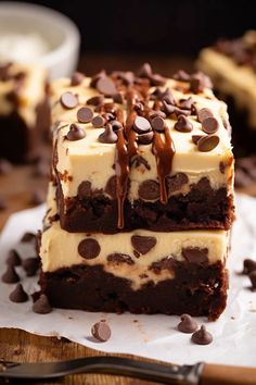 two pieces of cake with chocolate chips on top