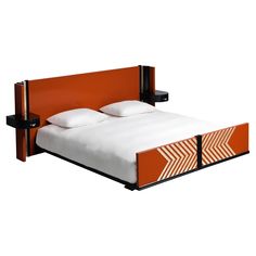 a bed with an orange headboard and two pillows on it's back end