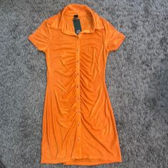 Wild Fable Orange Stretchy Polyester Button Dress Brand New With Tags Casual Collared Orange Dress, Casual Orange Collared Dress, Spring Orange Fitted Shirt Dress, Fitted Trendy Shirt Dress With Button Closure, Orange Fitted Shirt Dress For Spring, Casual Orange Button-up Dress, Trendy Fitted Shirt Dress With Button Closure, Fitted Collared Mini Dress With Buttons, Summer Mini Dress With Covered Buttons