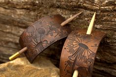 Hair Vintage Style, Leather Hair Barrette With Stick Diy, Leather Hair Barrettes, Belt Crafts, Western Leather Hair Clips, Wildflower Hair, Tooled Leather Hair Barrette, Leather Hair Barrette With Stick, Leather Belt Crafts