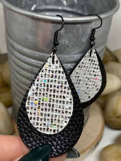 "Beautiful and shiny teardrop faux leather earrings in gold or silver disco sequin glitter, very sparkly, black hooks, measures Aprox 2\" long with black solid base. Perfect for New Year's Eve, gifts for her" Black Dangle Teardrop Earrings For Party, Black Teardrop Earrings For Party, Black Drop Teardrop Earrings For Party, Black Teardrop Drop Earrings For Party, Black Teardrop Jewelry With Rhinestones, Black Teardrop Rhinestone Jewelry, Sparkling Black Earrings For Party, Black Glitter Jewelry For Party, Silver Glitter Teardrop Earrings