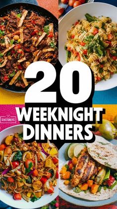 the cover of 20 weeknight dinners with pictures of different foods and vegetables on it