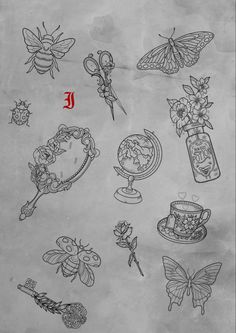 the drawing shows many different things that can be seen in this image, including flowers and butterflies