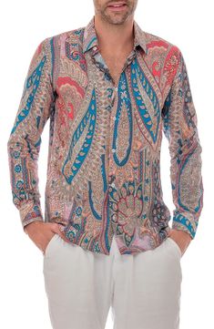 RANEES Paisley Linen Blend Button-Up Shirt | Nordstromrack Button-up Beach Shirt With Placket Detail, Fitted Shirt With Button Closure For Vacation, Bohemian Linen Shirt For Summer, Summer Shirt With Johnny Collar And Buttons, Bohemian Collared Beach Shirt, Summer V-neck Shirt With Placket, Vacation Shirt With Johnny Collar And Button Closure, Vacation Linen Shirt With Button Closure, Linen Shirt With Button Closure For Vacation