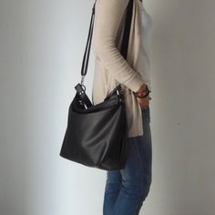 Black hobo bag Leather hobo purse black shoulder bag by Laroll Leather Bucket Bag With Single Shoulder Strap For Errands, Everyday Black Shoulder Bag With Single Strap, Versatile Black Hobo Bag, Black Hobo Travel Bag, Casual Soft Leather Hobo Crossbody Bag, Casual Soft Leather Crossbody Hobo Bag, Everyday Black Hobo Bag, Black Hobo Bag For Travel, Everyday Black Hobo Bucket Bag