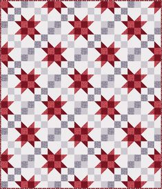 a red and white quilt with stars on the front, along with grey squares in the middle