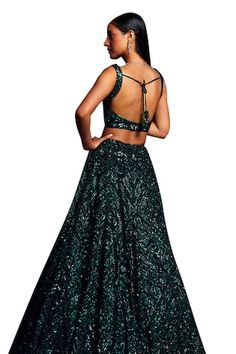 Emerald green attached cancan lehenga with multicolor sequin, bugle bead and crystal embroider. Paired with sleeveless embroidered blouse and dupatta. - Aza Fashions Green Gown With Unstitched Blouse For Party, Green Fitted Party Wear Choli, Green Fitted Choli For Party, Fitted Green Sharara With Sequins, Green Fitted Sharara With Sequins, Fitted Green Lehenga With Sequins, Cape Lehenga, Cancan Lehenga, Kurta Lehenga