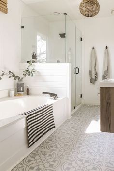 a bathroom with a sink, mirror and bathtub in it's own area