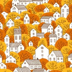 a lot of houses and trees with orange leaves on the ground seamless pattern background