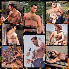 a collage of photos showing the different roles of a man with no shirt on