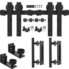 an assortment of black hardware and accessories