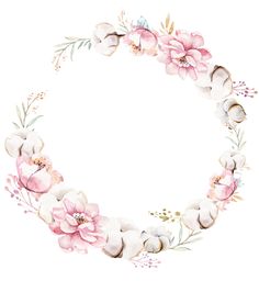 a watercolor wreath with pink flowers and leaves