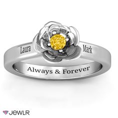 This ring features an exquisite rose accentuated by a brilliant birthstone or Swarovski Zirconia of your choice. This custom ring will be made to order just for you in your choice of metal, gem and engravings. Personalized Rose Jewelry For Anniversary, Rose Flower Ring For Anniversary, Fine Jewelry, Rose-colored Fine Jewelry Flower Ring For Anniversary, Anniversary White Gold Flower Ring With Rose Design, White Gold Flower Ring With Rose Design For Anniversary, Rose Sterling Silver Anniversary Ring, Flower Shaped Birthstone Ring For Anniversary, Rose Sterling Silver Ring For Anniversary, Classic Rose Design Jewelry For Anniversary