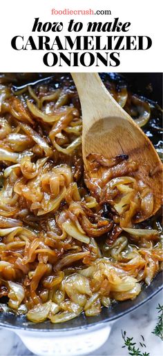 an image of caramelized onions cooking in a skillet with a wooden spoon