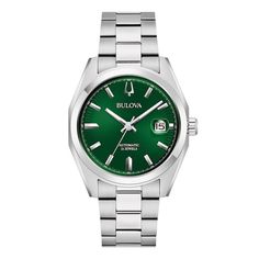 The Bulova men’s Surveyor offers exceptional quality and sophisticated aesthetics at an accessible price. Stainless steel 42.0mm case, flat sapphire crystal, deep green dial with silver-tone hands and markers; date indicator at 3 o'clock Powered by 21-jewels and a 42-hour power reserve, which can be seen in full through a mineral crystal exhibition window in the caseback Gold-tone bracelet; deployment clasp Water resistant to 30 meters We are an authorized Bulova dealer Modern Automatic Watches For Anniversary, Modern Automatic Anniversary Watch, Modern Automatic Watch Accessories For Anniversary, Green Watch With Subdials, Green Watch With Polished Finish And Round Dial, Formal Green Watch Accessories With Date Indicator, Green Automatic Watches, Classic Green Watch With Date Indicator, Timeless Green Watch Accessories With Metal Dial