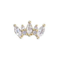 Whimsical and bright with a stunning design of White Sapphires — Alice evokes a sense of chic elegance like never before. Crown your helix with this unique 14k gold masterpiece. Details Overall size: 8 x 4mm Gemstone: (3) 3 x 1.5mm, (2) 1.1mm, and (2) 0.9mm White Sapphires Rise: 1.5mm Solid 14k Gold - Available in Yellow, White, & Rose Threadless ends have a lifetime guarantee against any manufacturing defects and are sold as a single. Please note the threadless backs are not included with purch Magnolia Tattoo, Gold Body Jewellery, Gold Bodies, Jewelry Details, Jewelry Tattoo, Titanium Jewelry, Traditional Earrings, Gold Colors