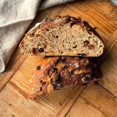 two pieces of bread sitting on top of a wooden table