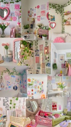 a collage of photos with flowers and pictures on the wall in different colors, shapes and sizes